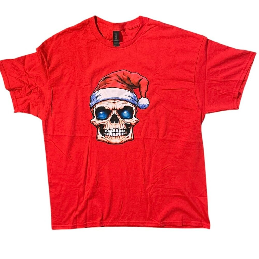 Christmas Themed Skull Graphic Design Gildan Short Sleeve Red Size XL NWT